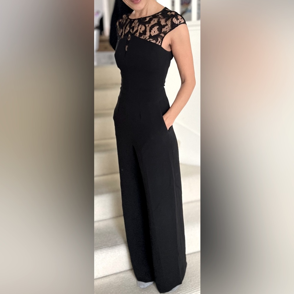 Beautiful Lace Shoulder Tailored Wide Leg Formal Jumpsuit with pockets.